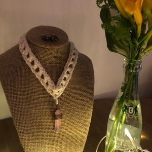 crochet necklace w wire wrapped crystal pendant